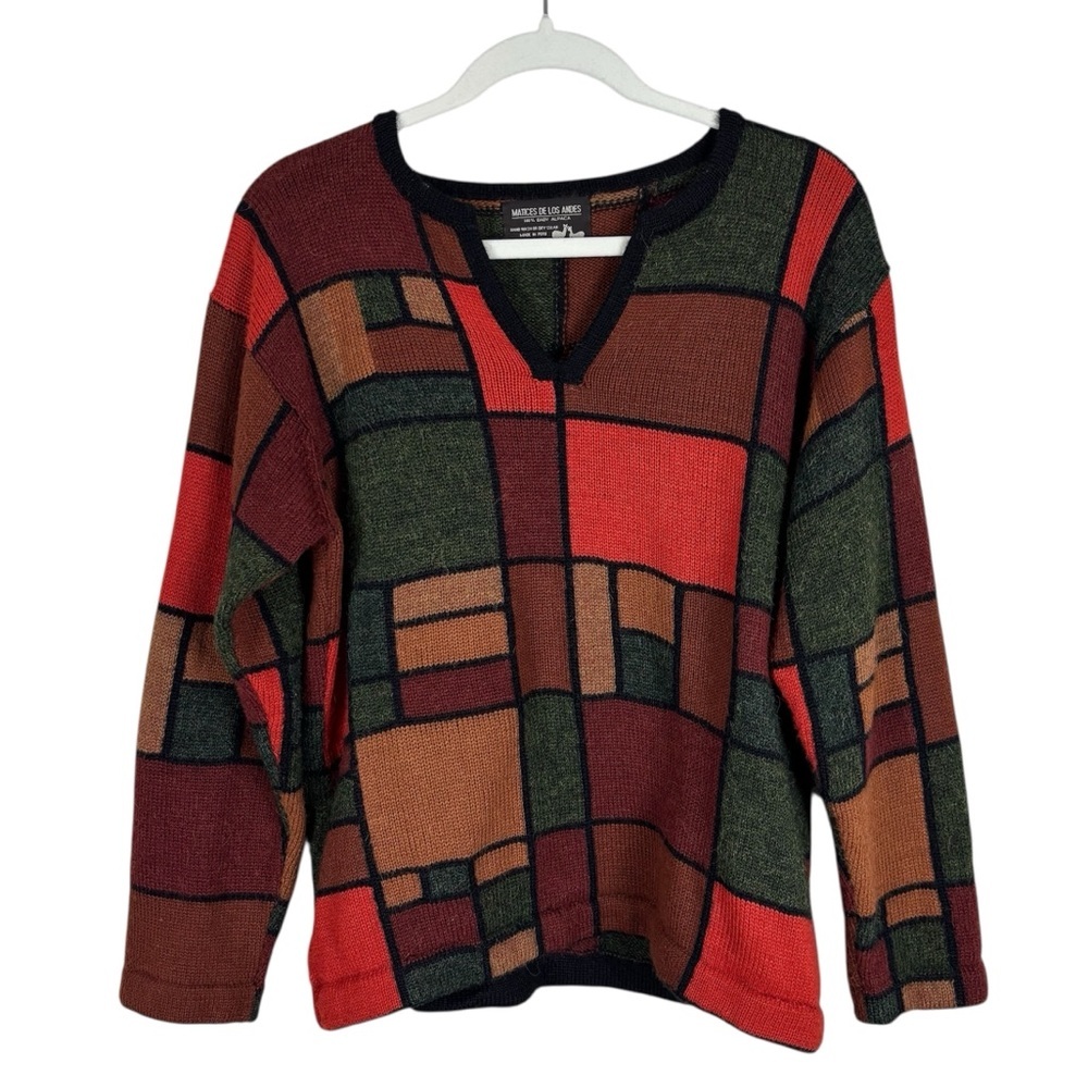 Matices De Los Andes Colorblock Sweater 100% Baby Alpaca Orange & Green V-Neck